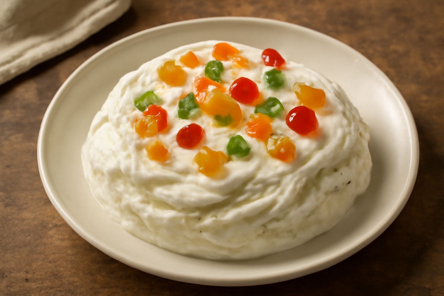 Coppetta di gelato bianco con striature verde chiaro, decorata con pezzetti di frutta candita colorata e una ciliegina rossa sulla sommità, servito su piatto bianco