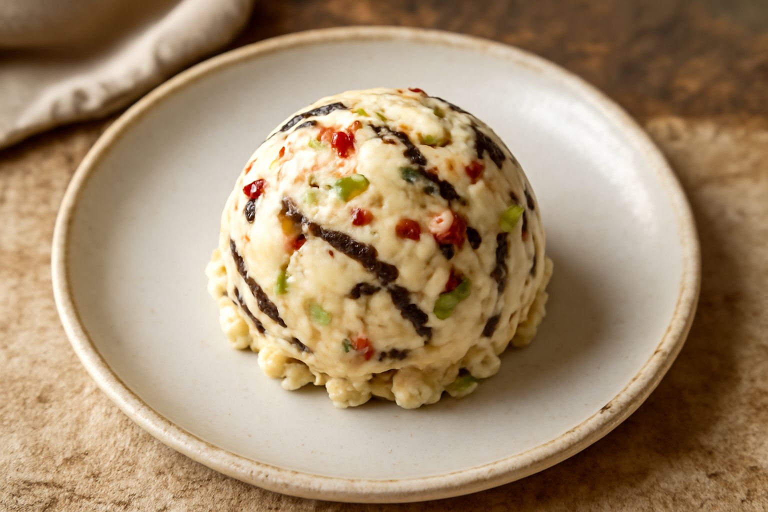 Gelato di cassata siciliana in coppetta di vetro con pallina color crema decorata da canditi rossi e verdi, scaglie di cioccolato scuro e polverina verde di pistacchio