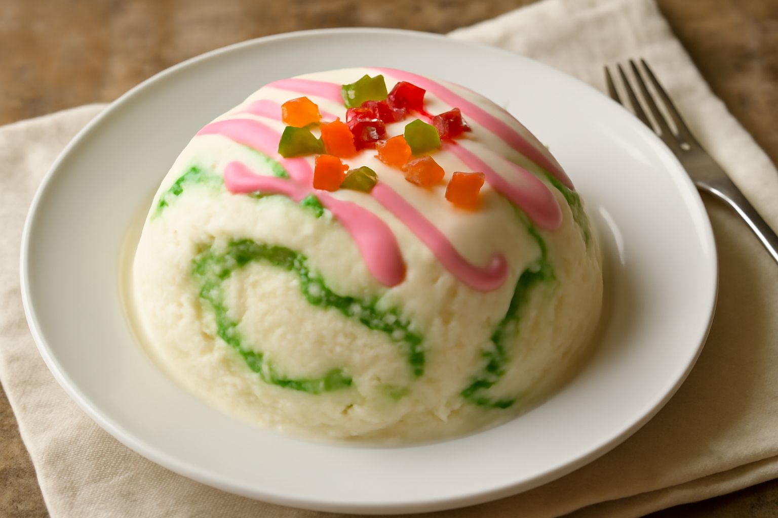 Gelato di cassata siciliana alla romana servito in coppa di vetro trasparente, con strati di gelato bianco cremoso, verde pistacchio e glassa reale rosa, guarnito con frutta candita e granella di pist