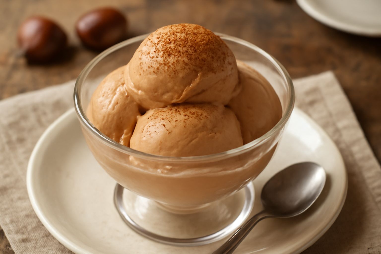 Gelato di castagna color nocciola servito in una coppa di vetro trasparente, due palline tonde e lisce, una spolverata di polvere di castagna sulla sommità, sfondo bianco.