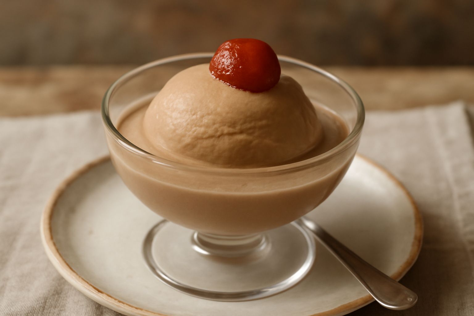Gelato di castagno di color beige-marrone chiaro servito in una coppa di vetro con wafer croccante, guarnito con una castagna intera e una spolverata di polvere di castagne, su sfondo di legno scuro