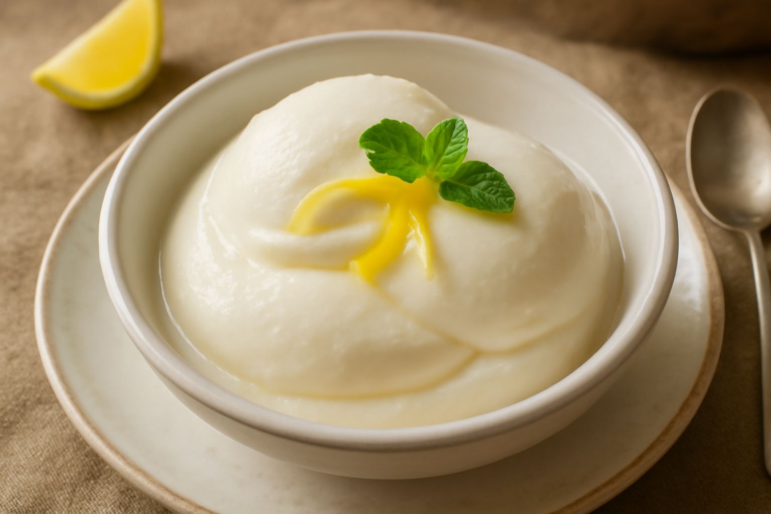Gelato di cedro di colore bianco crema in una ciotola di vetro, guarnito con una sottile buccia di cedro fresco e qualche foglia di menta verde