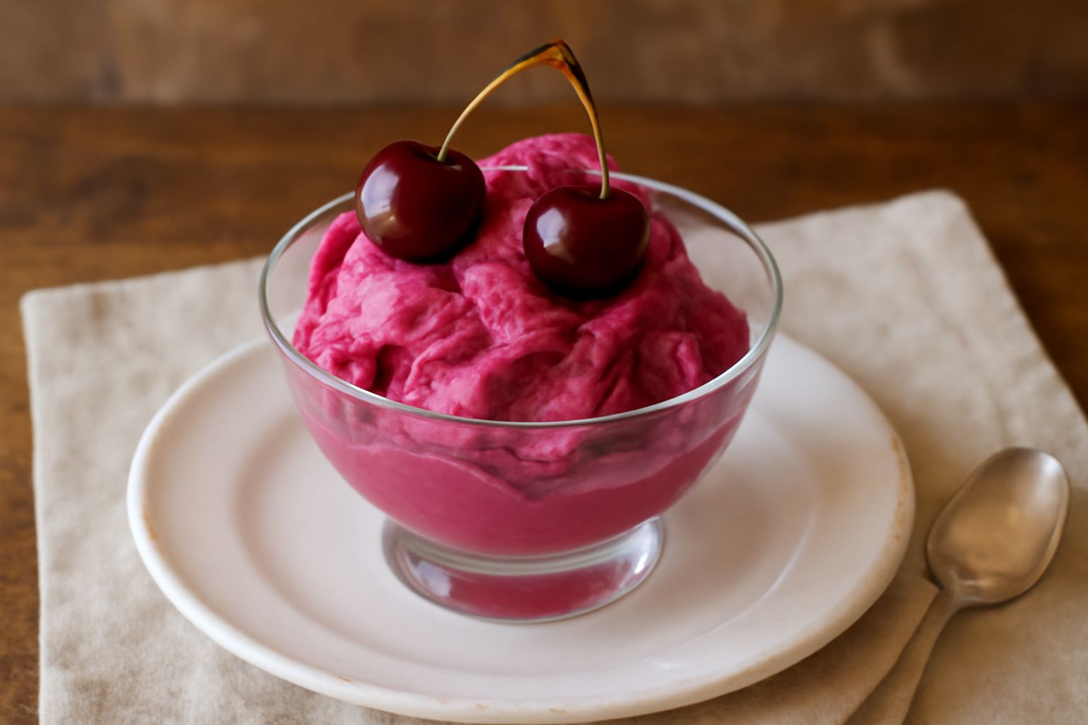 Gelato di ciliegia rosa scuro servito in una coppa di vetro trasparente con due quenelle, guarnito da una ciliegia fresca con picciolo verde, su sfondo bianco neutro