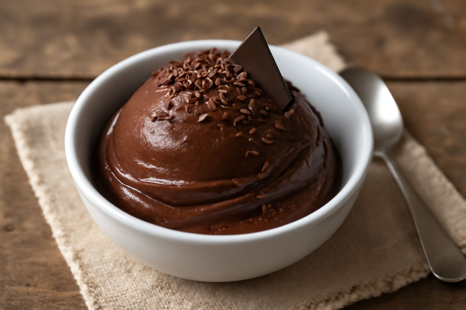 Coppetta di gelato di cioccolato nero lucido con superficie liscia e brillante, decorata con una pallina intere e una fetta sottile di cioccolato scuro, servita in una coppetta bianca su sfondo neutro