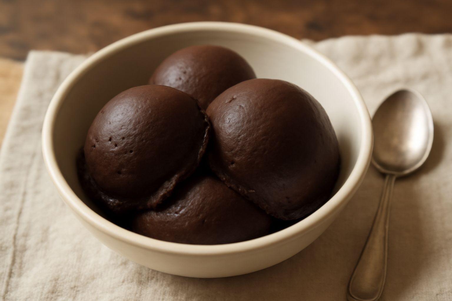 Gelato di cioccolato fondente servito in coppetta di vetro trasparente con tre palline compatte color marrone scuro, una cucchiaiata rialzata, piatto bianco, sfondo neutro