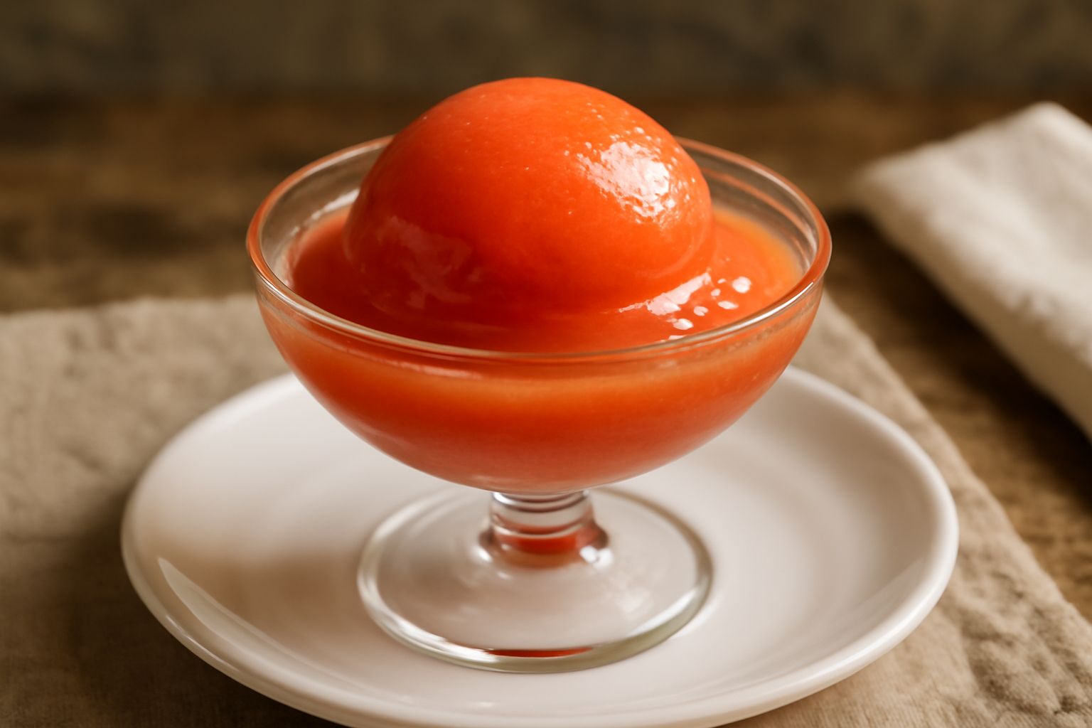 Gelato di corbezzolo in coppetta di vetro trasparente, colore rosso arancio intenso, superficie liscia e lucida, guarnito con una foglia di menta fresca e due frutti di corbezzolo rossi sul bordo