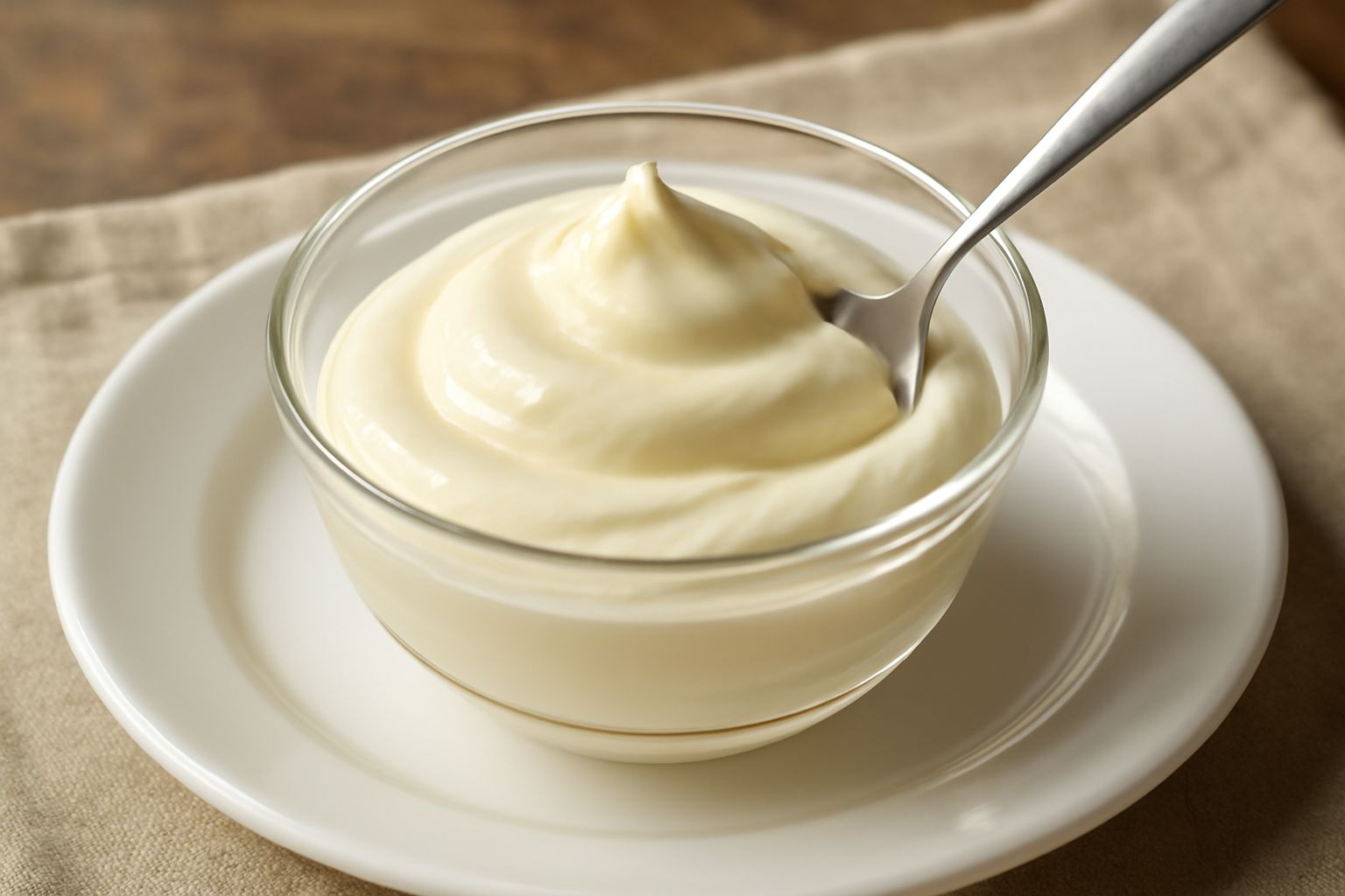Gelato di crema bianco avorio in coppetta di vetro, tre cucchiaiate ammucchiate, superficie liscia e brillante, nessuna guarnizione, su fondo bianco neutro