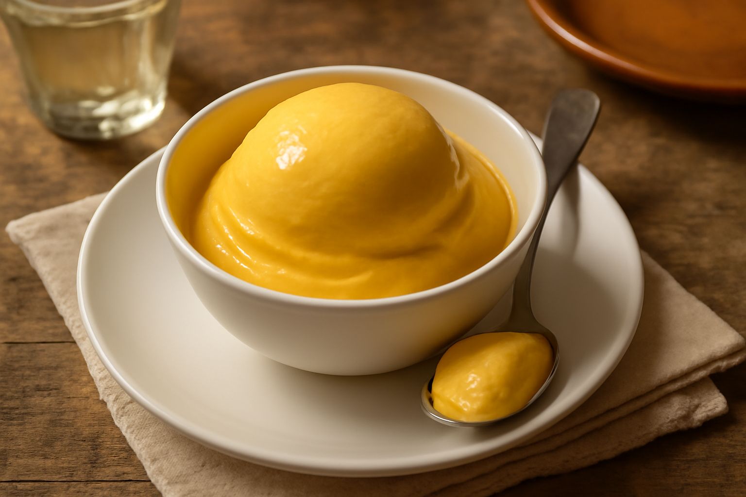 Coppa di gelato di crema di colore giallo intenso e brillante, cremoso, servito con cucchiaio metallico, su sfondo bianco luminoso