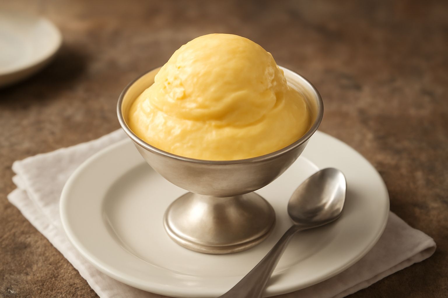Una coppa di gelato di crema alle uova di colore giallo panna, con superficie liscia e lucida, due cucchiaiate di gelato sistemate nel cono di cialda croccante, sfondo bianco neutro