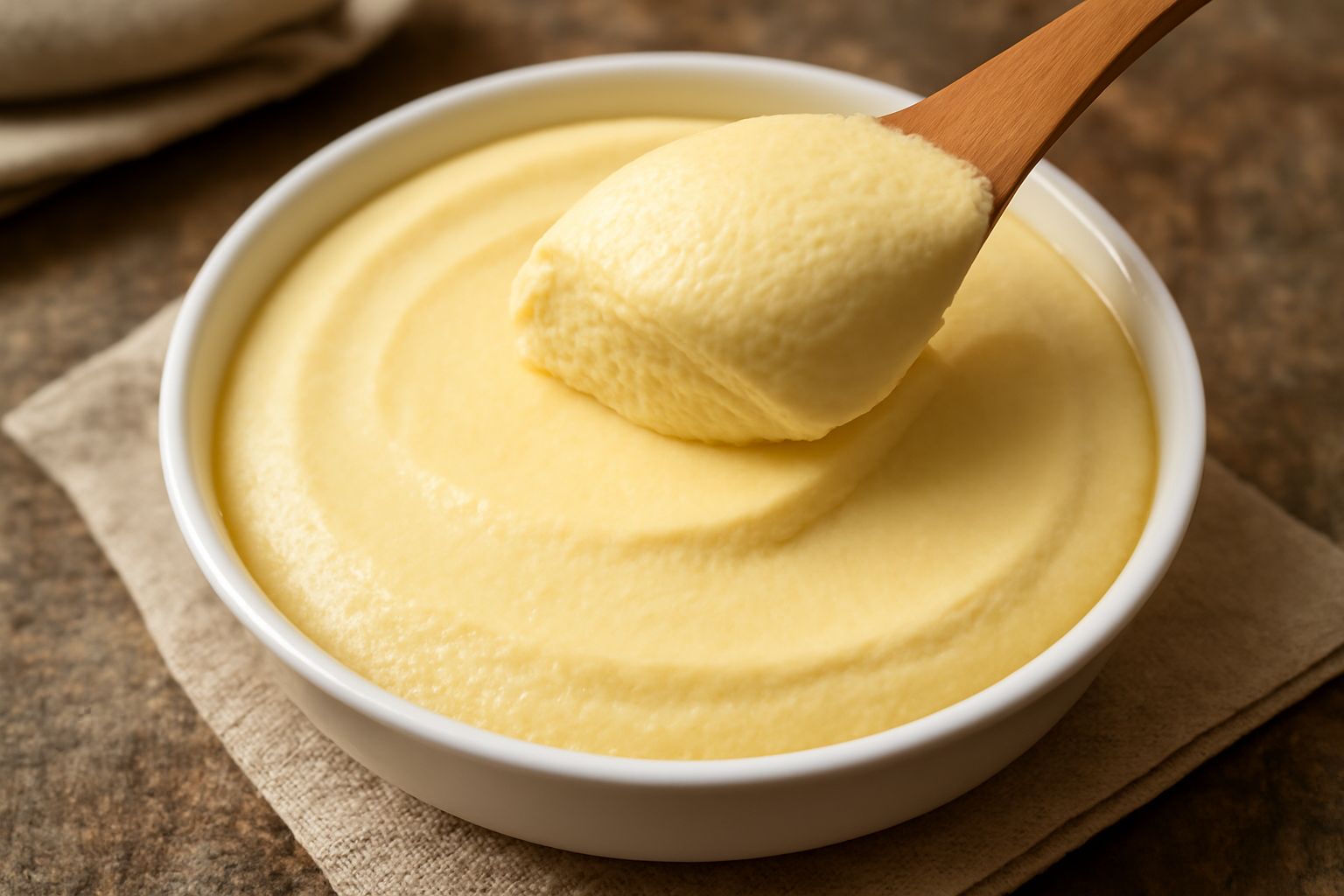 Gelato di crema aquilana color giallo paglia servito in coppetta di vetro con cucchiaio in metallo, superficie liscia e cremosa, nessuna guarnizione