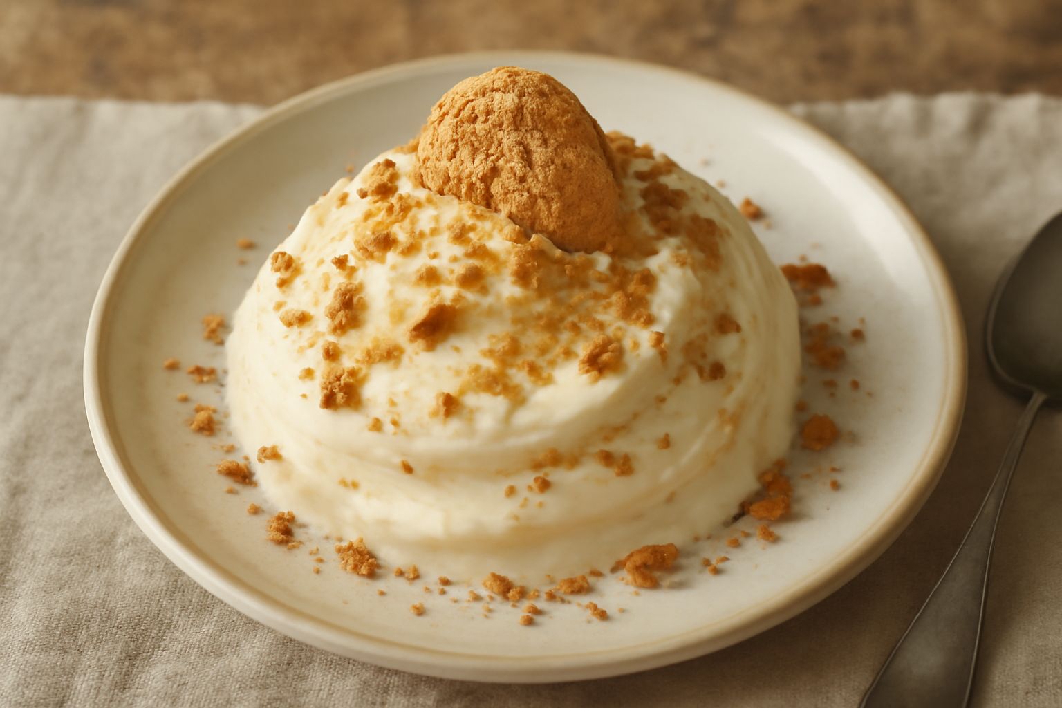 Gelato di crema color avorio in coppetta di vetro, guarnito con mezzo amaretto croccante e briciole di biscotto, su sfondo bianco con cucchiaio in acciaio