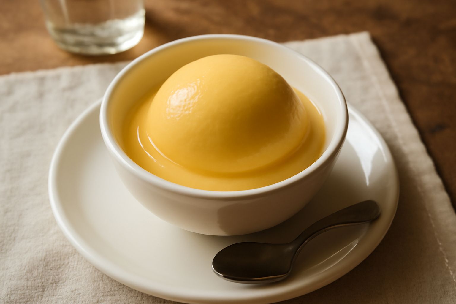 Gelato di crema di Genova servito in una coppetta di vetro trasparente, colore giallo crema intenso, superficie liscia e lucida con una pallina compatta, cucchiaino in acciaio inossidabile posato acca