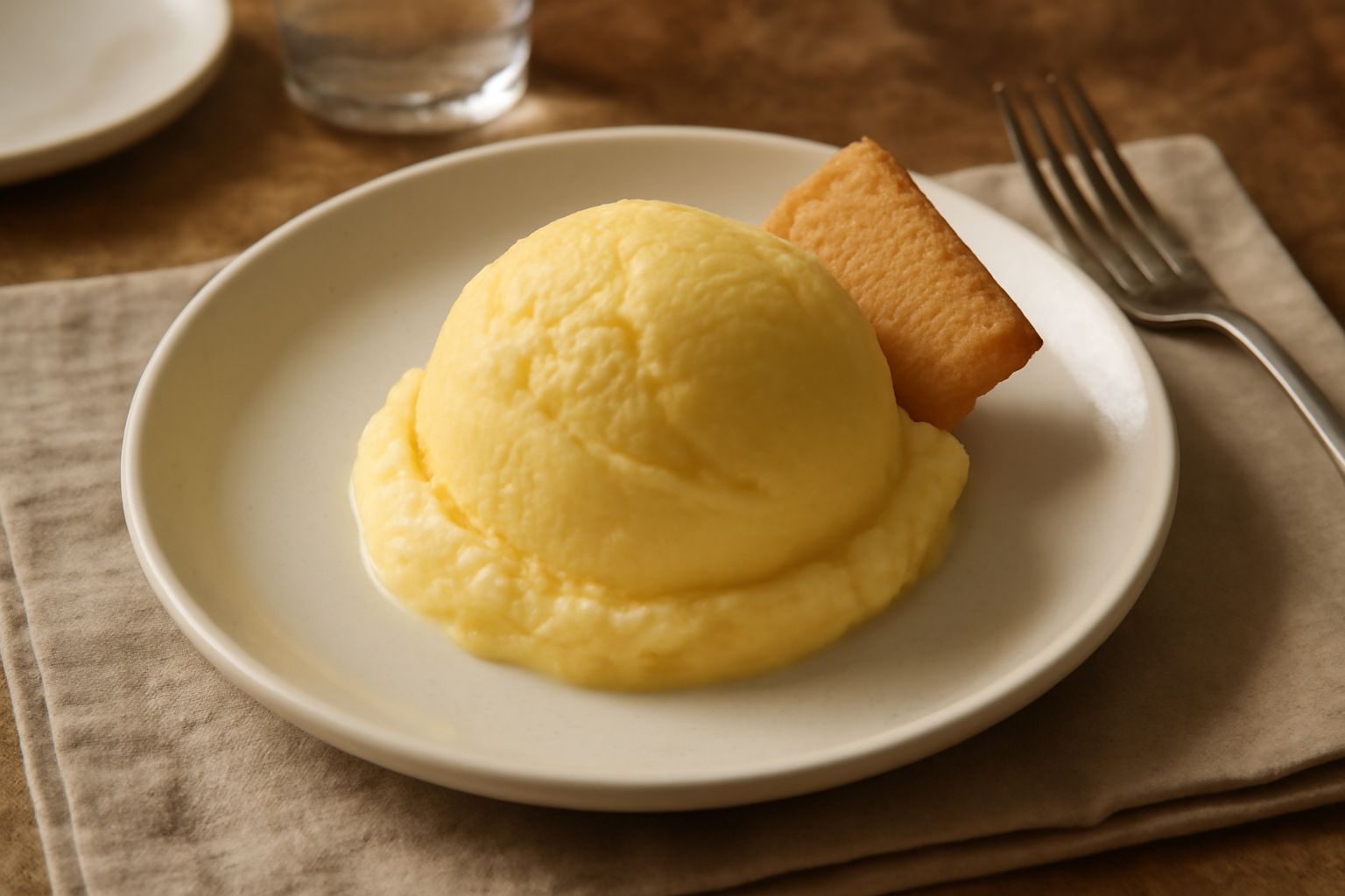 Gelato di crema di colore giallo paglierino, denso e vellutato, servito in una coppetta di vetro trasparente con un cucchiaino, su fondo bianco.