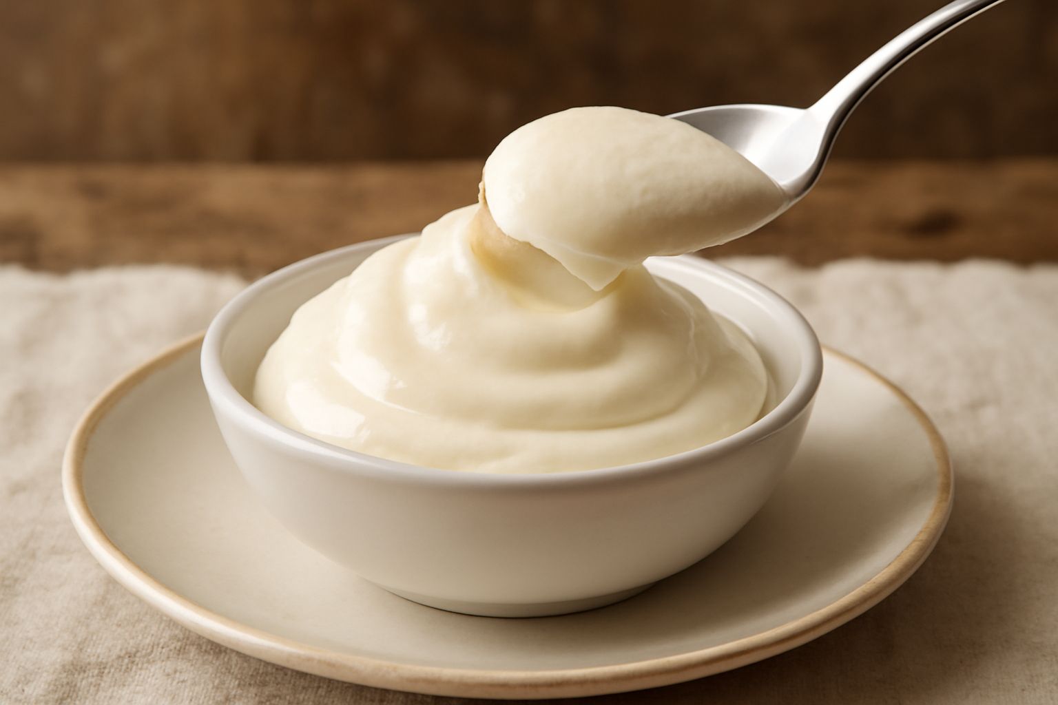 Coppetta di vetro con gelato di mascarpone di colore bianco crema, superficie liscia e vellutata, tre cucchiaiate ben formate, nessun'altra guarnizione, sfondo neutro
