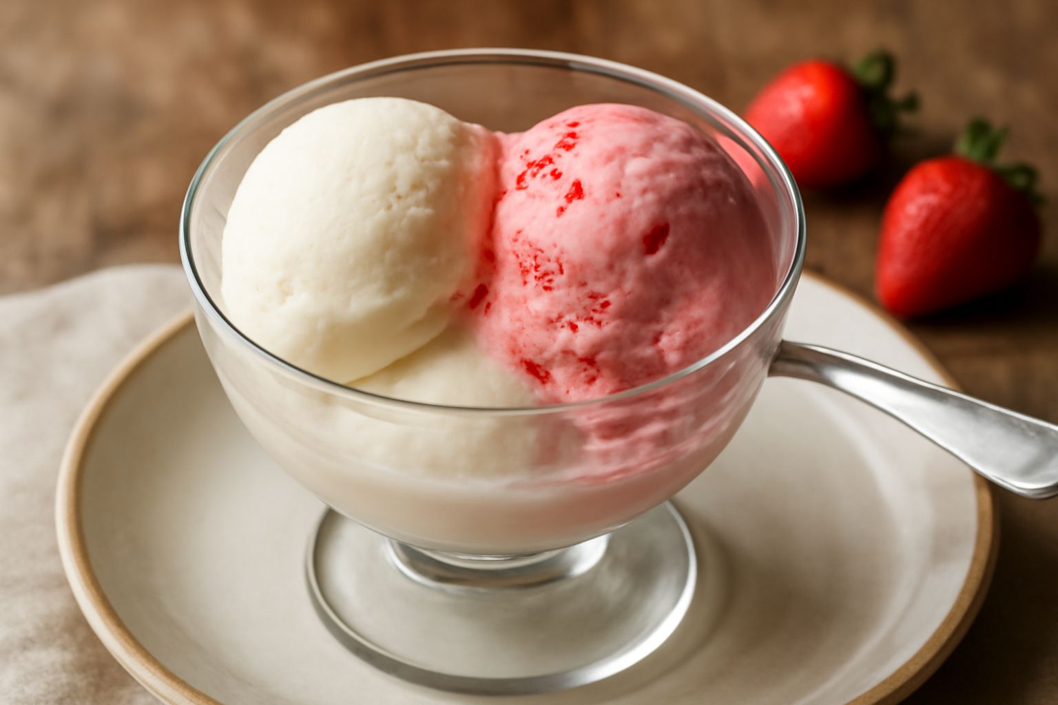 Gelato bianco crema e rosso fragola in coppa di vetro, due palline ben definite, spolverato di frammenti di fragola fresca, cucchiaio di legno accanto, sfondo bianco