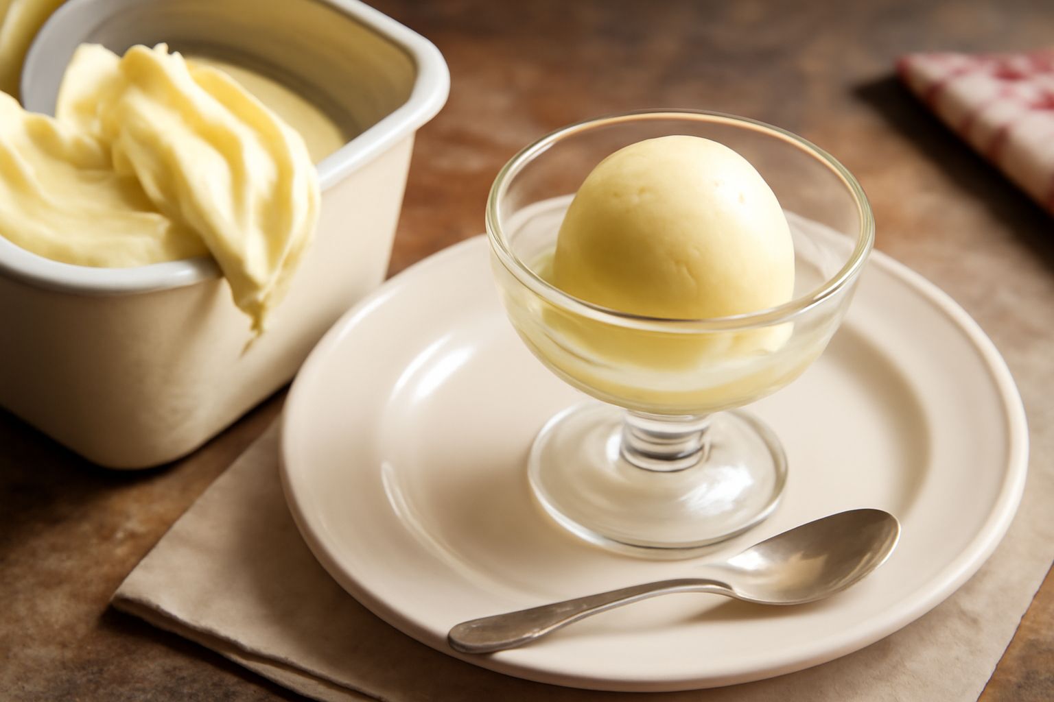 Gelato di crema fermano servito in una coppa di vetro trasparente, color avorio cremoso, con una pallina rotonda ben definita, decorato con una sottile striscia di caramello e un cucchiaio di legno su