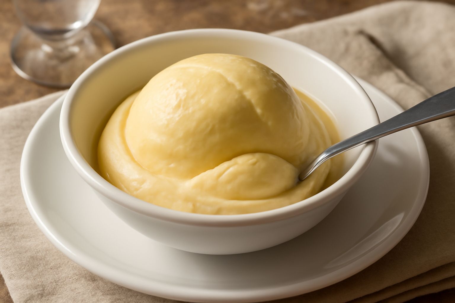 Gelato di crema friulana giallo paglierino servito in una coppetta bianca, con una pallina compatta e liscia, guarnito con una stecca di vaniglia e accompagnato da un cucchiaio di gelato.