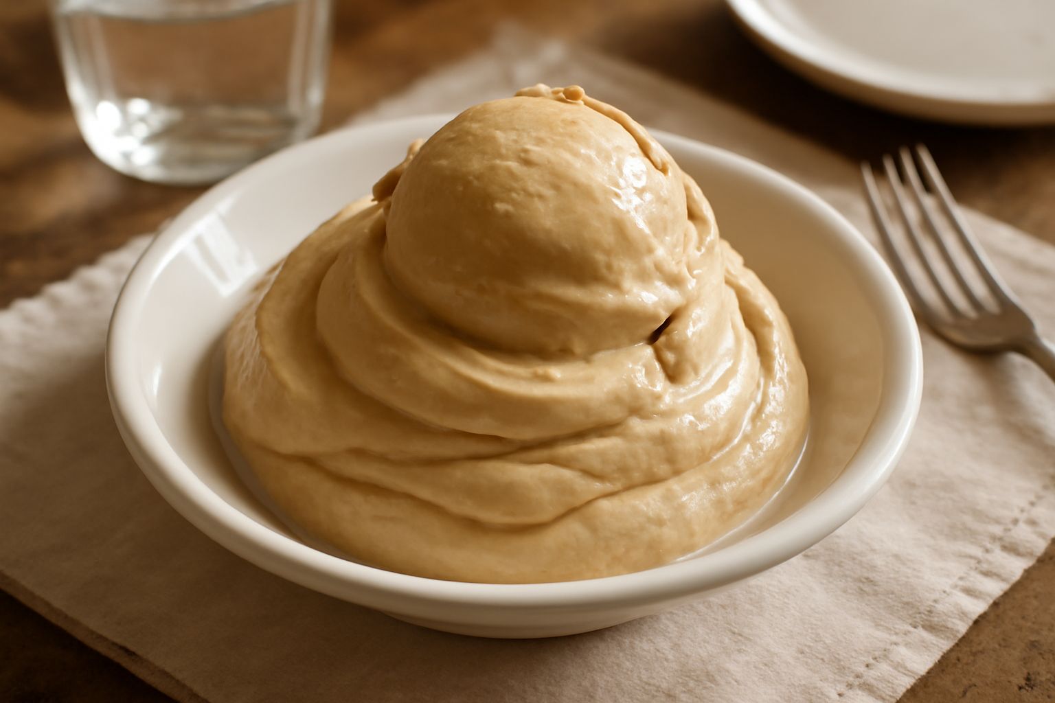 Gelato di crema di colore beige chiaro servito in coppa di vetro, con tre cucchiaiate di gelato a spicchi, superficie liscia e lucida, sfondo bianco