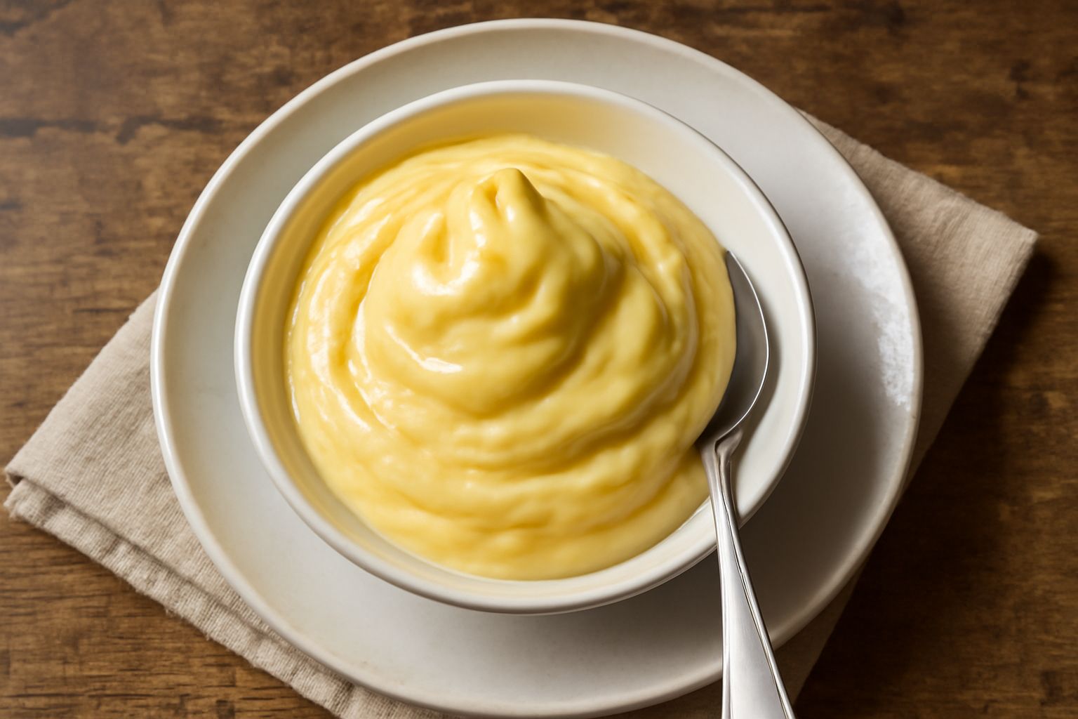 Una coppa di gelato di crema color giallo paglierino servita con un cucchiaio di legno, superficie liscia e lucida, accanto una frolla croccante, luce naturale