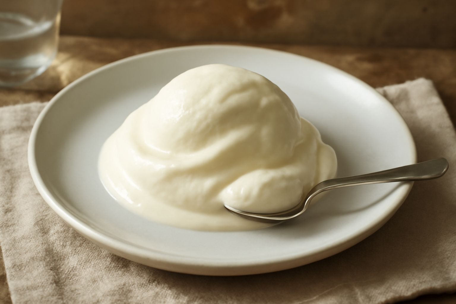 Coppa di gelato bianco crema con superficie liscia e lucida, guarnito con scaglie di pistacchio, servito su piatto bianco con cucchiaio da gelato in metallo.