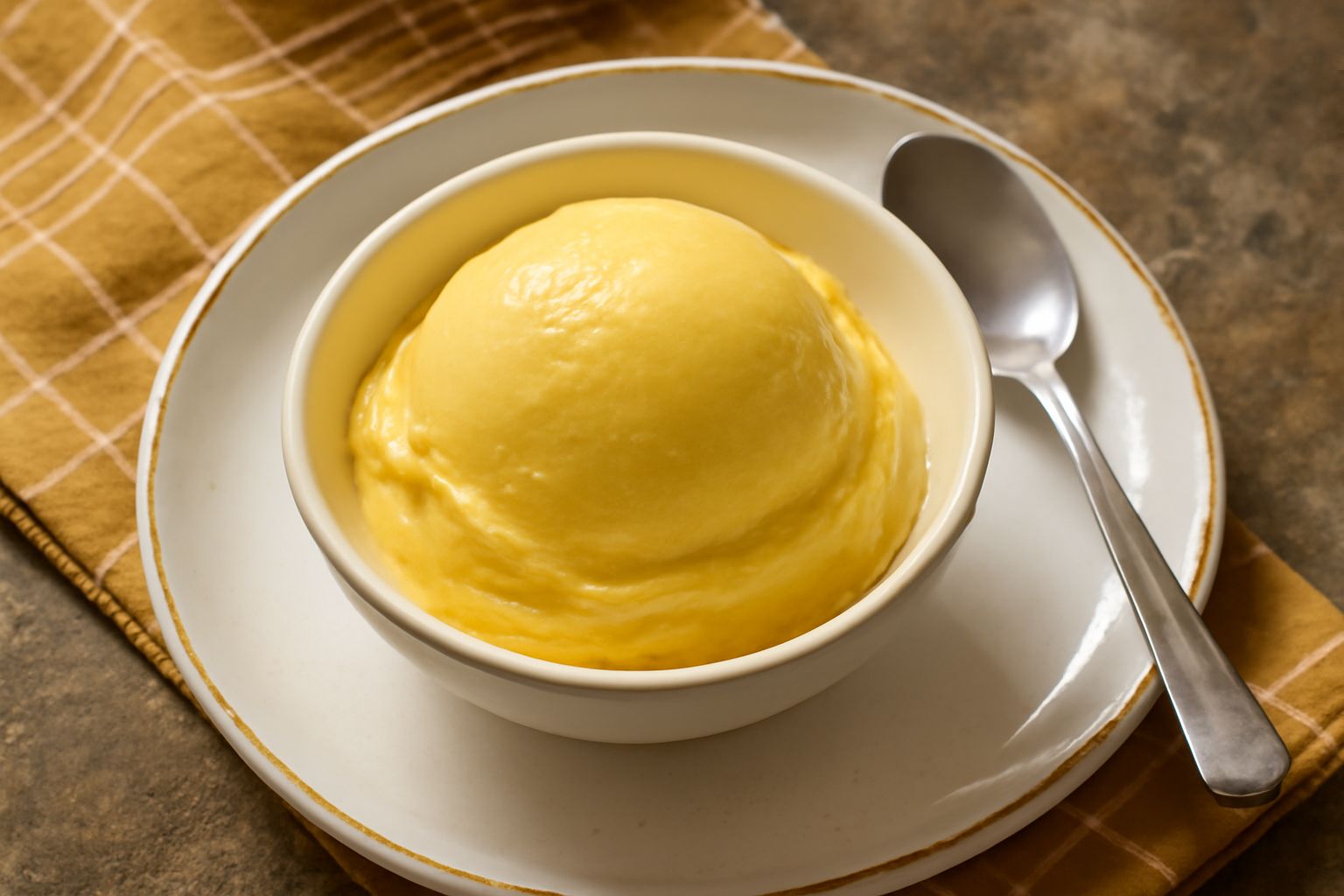 Gelato di crema riminese di colore giallo paglierino, servito in una coppetta di vetro trasparente, con superficie morbida e cremosa, illuminato da luce naturale