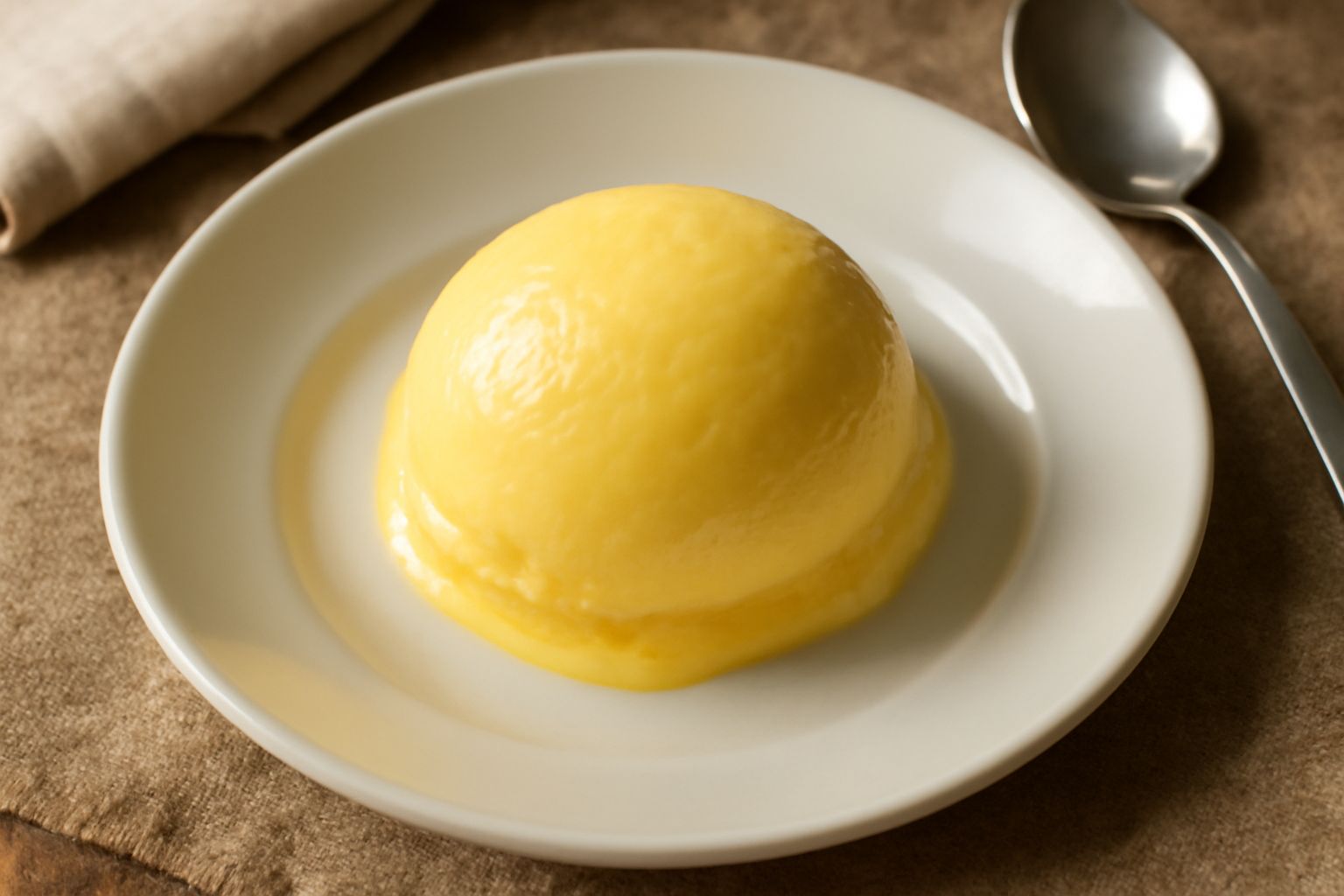 Gelato color giallo paglierino in una coppa di vetro trasparente, con superficie liscia e lucida, una pallina intera, contorno di panna montata leggera, fondo bianco