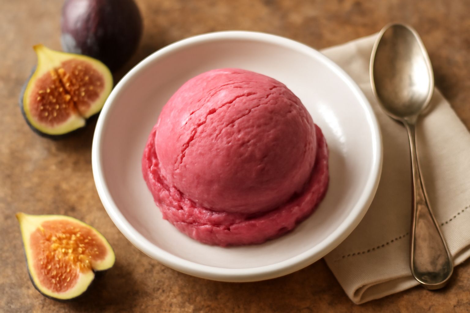 Gelato di fichi di colore viola scuro servito in una ciotola di vetro trasparente, con una pallina liscia e lucida, guarnito con una fetta di fico fresco a lato e alcune briciole di biscotto