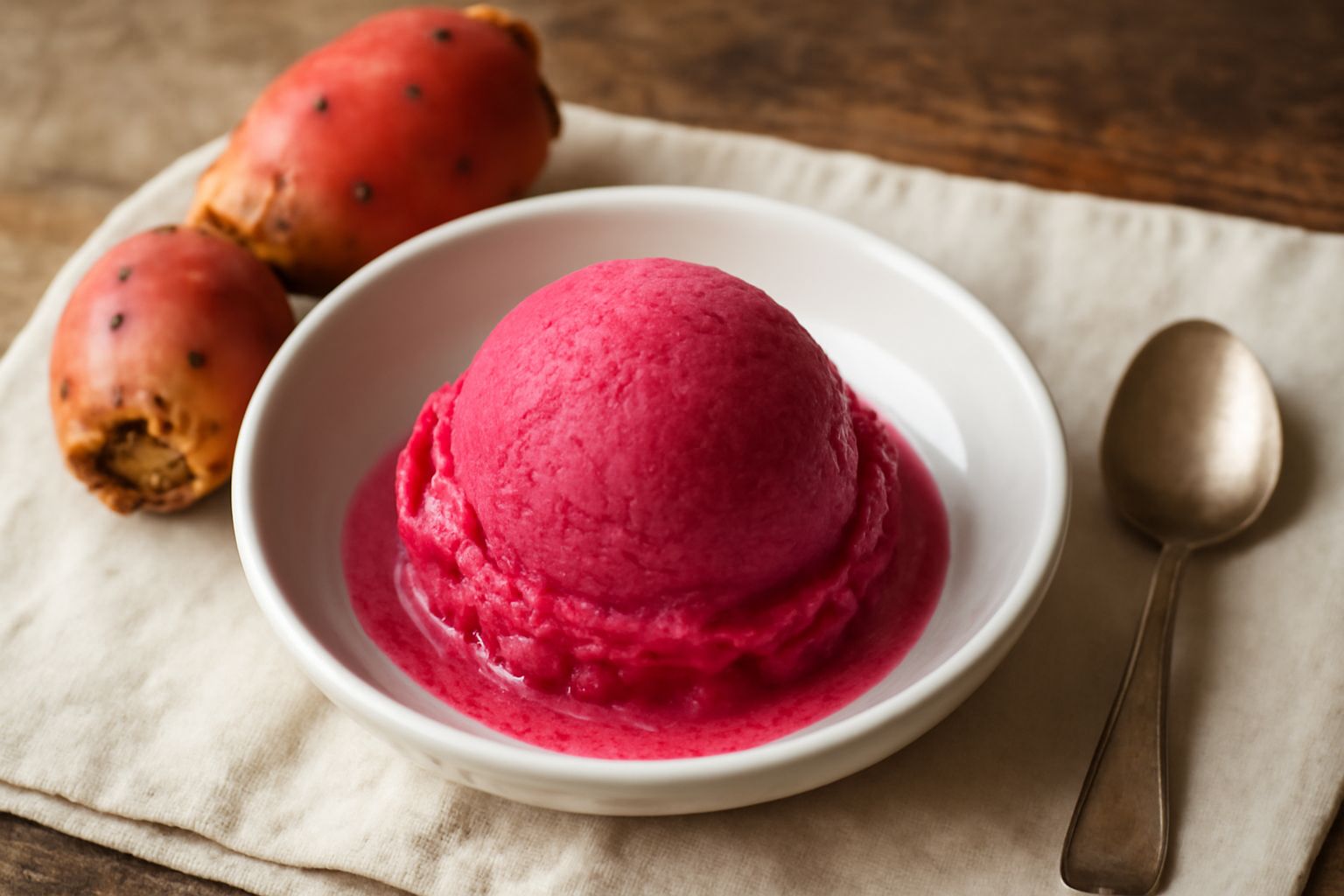 Gelato di fichi d'India in coppetta di vetro, colore rosa fucssia acceso, guarnito con una fetta di fico d'India fresco e foglia di menta verde. Fondo bianco, luce naturale.