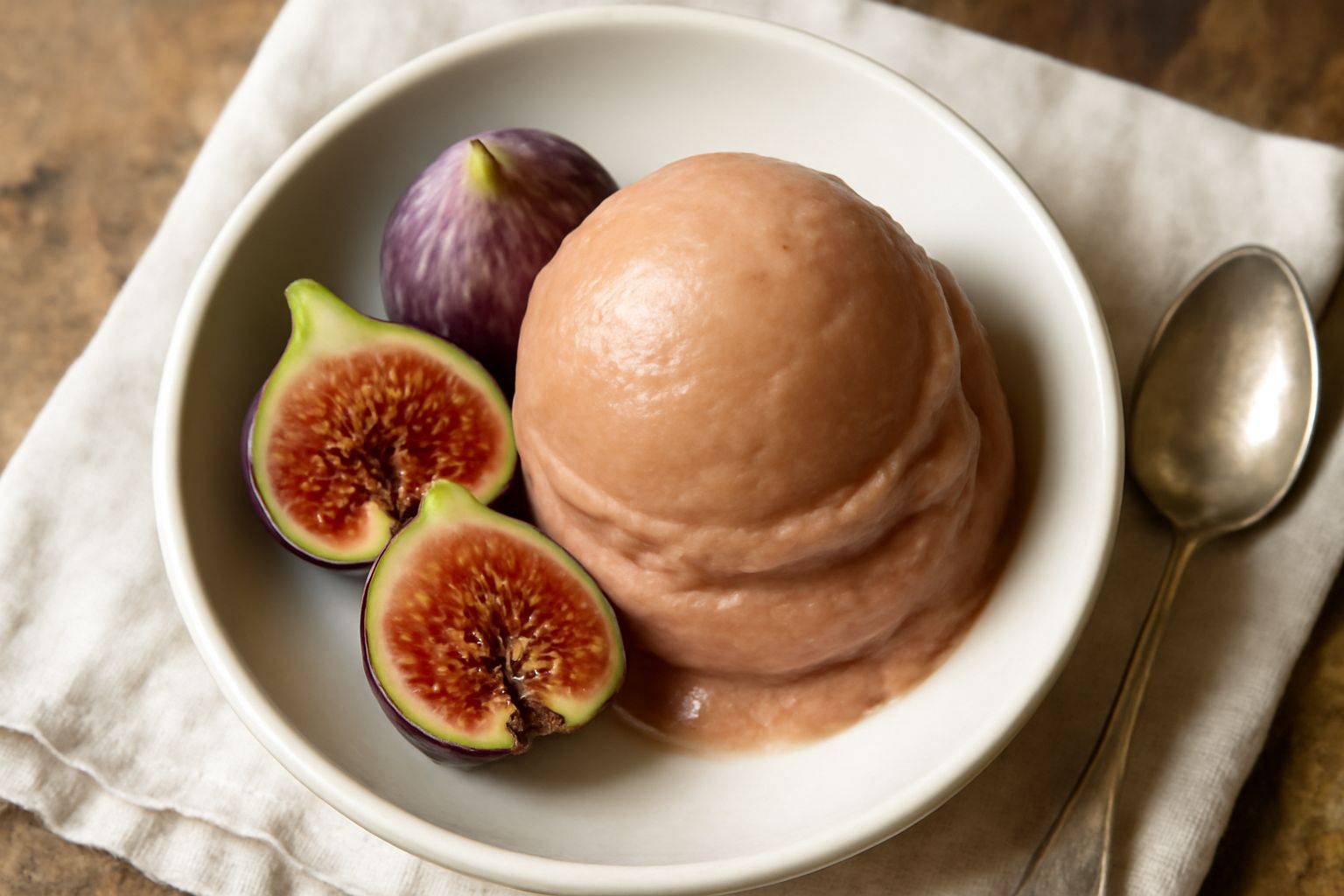 Gelato di fico di colore marrone chiaro e rosa pallido, servito in una coppa di vetro con una pallina compatta, contorno di frutta fresca di fico tagliata a metà, cucchiaio metallico accanto