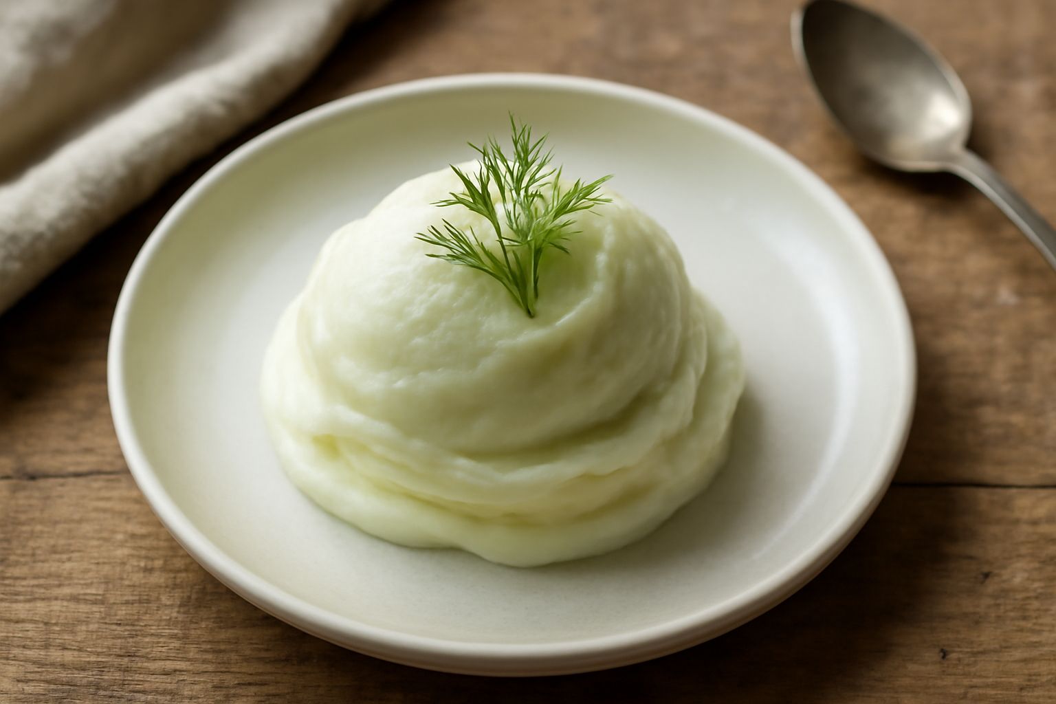Gelato color bianco crema con sfumature verdi tenue in coppa di vetro, guarnito con una fronda di finocchietto fresco verde, servito su tavolo di legno con cucchiaio in legno