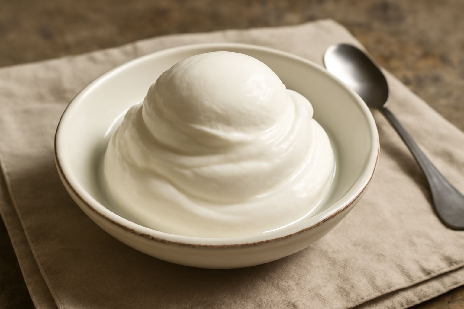 Gelato di fior di latte bianco cremoso servito in coppetta di vetro, con superficie liscia e lucida, guarnito con una linguetta di wafer, fondo neutro grigio