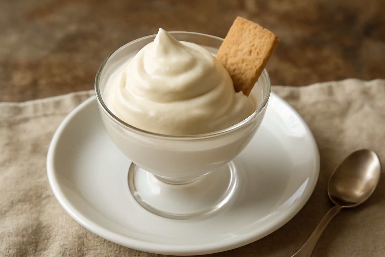 Gelato di formaggio fresco servito in una coppa di vetro, color bianco crema con una consistenza vellutata, decorato con un biscotto amaretto posato sopra