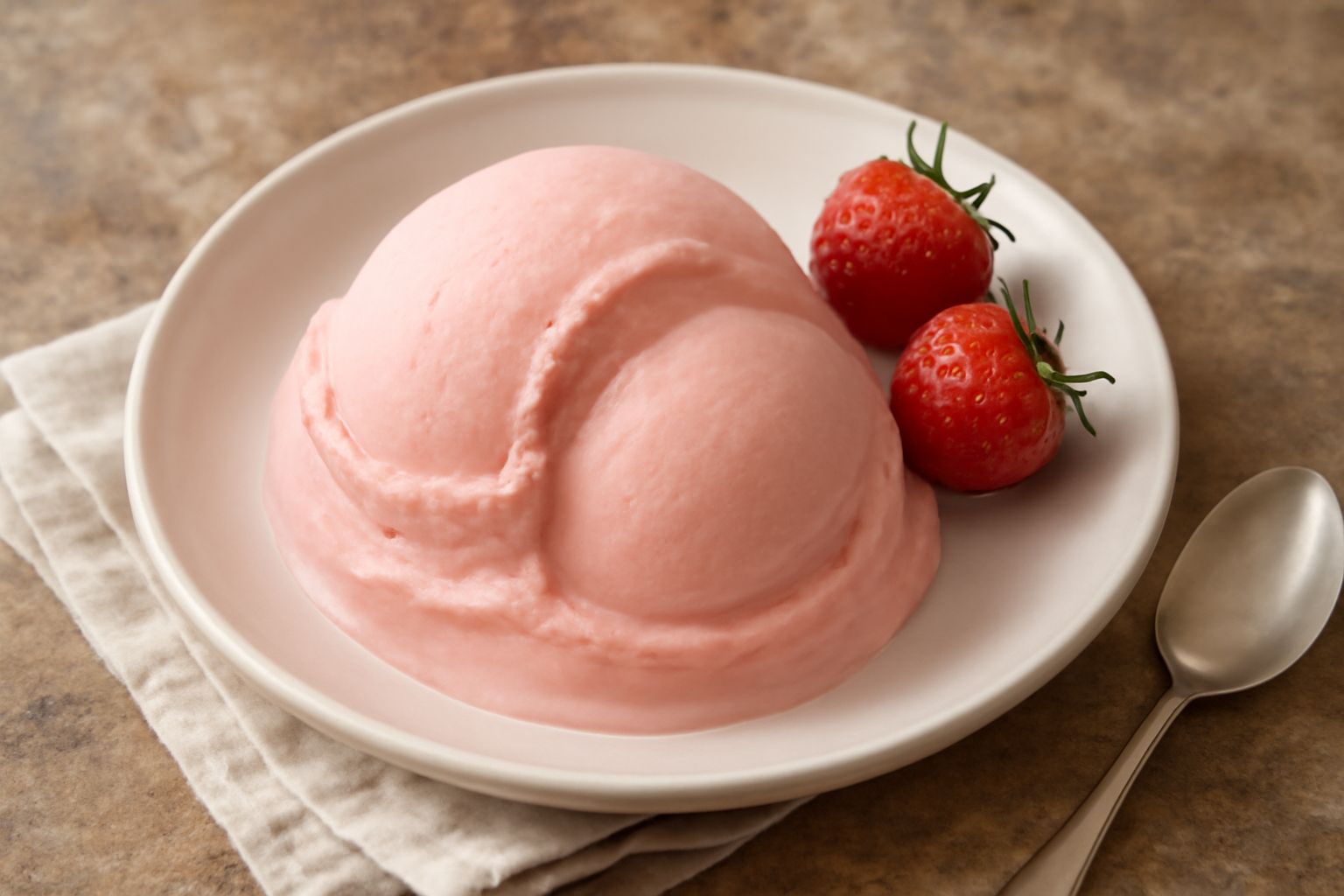 Coppetta in vetro trasparente con due palline di gelato di fragola rosa chiaro, lisce e lucide, guarnite con una fragola fresca intera rossa e una fogliolina verde, su sfondo bianco