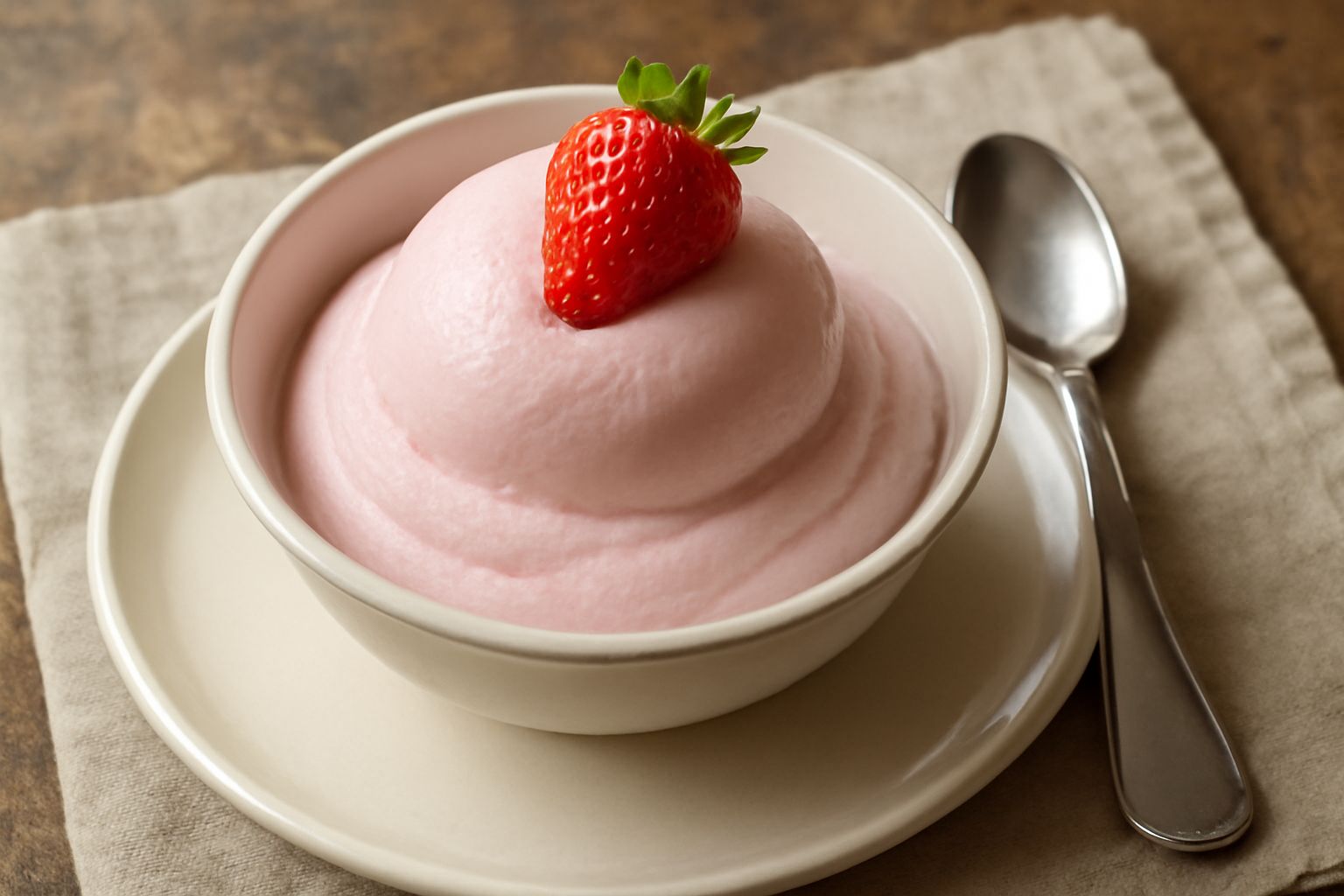 Coppetta di gelato rosa pallido di fragola con una fragola fresca posizionata in cima, cucchiaio di legno, sfondo bianco, light naturale