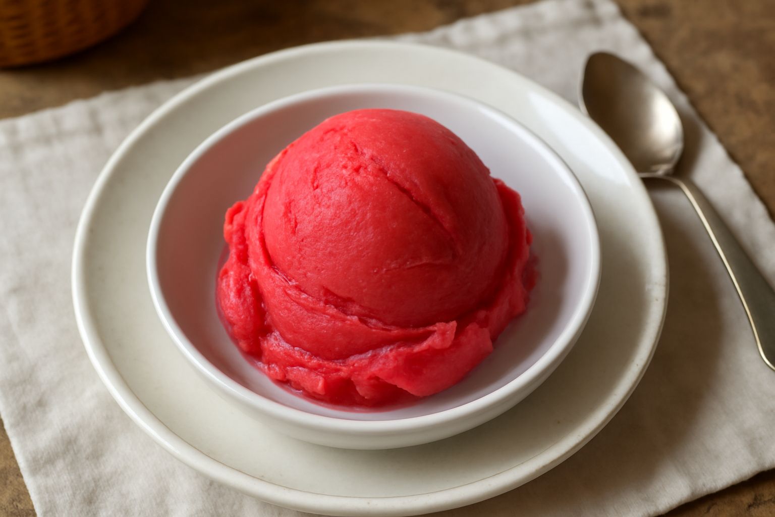 Una coppetta di gelato rosso fragola cremoso con fragole fresche tagliate a metà poste sopra, sfondo bianco, cucchiaino argentato appoggiato sul bordo
