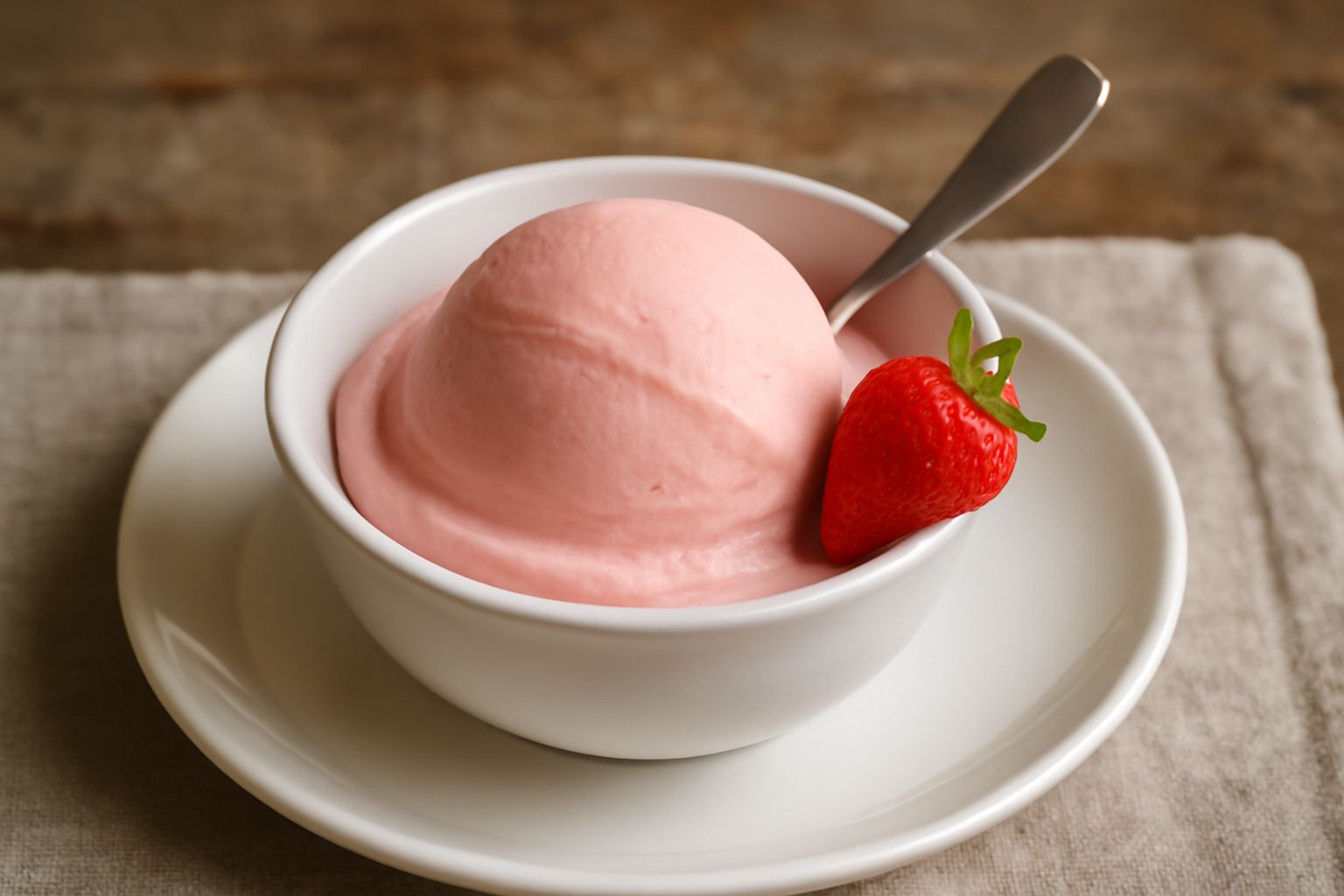 Coppetta di gelato rosa pallido di fragola con superficie morbida e uniforme, guarnita con una fragola fresca intera rossa sul bordo, in coppa bianca su sfondo neutro