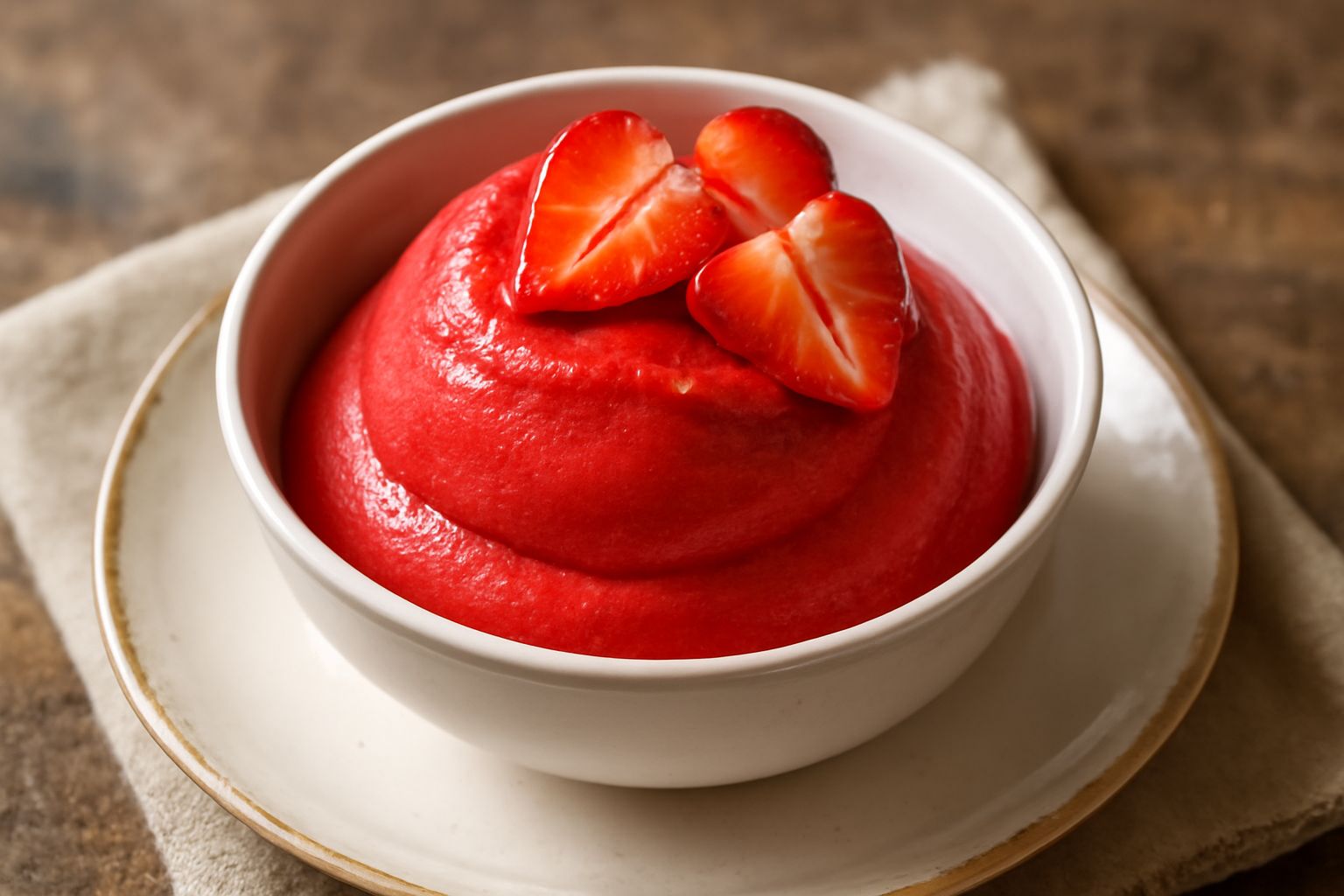 Gelato di fragola rosso intenso servito in coppetta di vetro trasparente con fragole fresche tagliate a metà poste sopra e intorno, cucchiaino di legno al fianco, fondo bianco