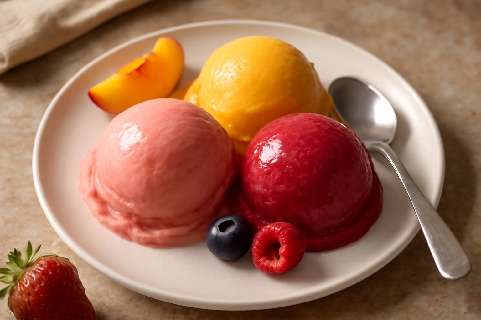 Coppa di gelato di fragola e frutti di bosco in bicchiere trasparente, guarnito con fragola fresca intera, ricciolino di panna, tavolo di legno bianco, luce naturale