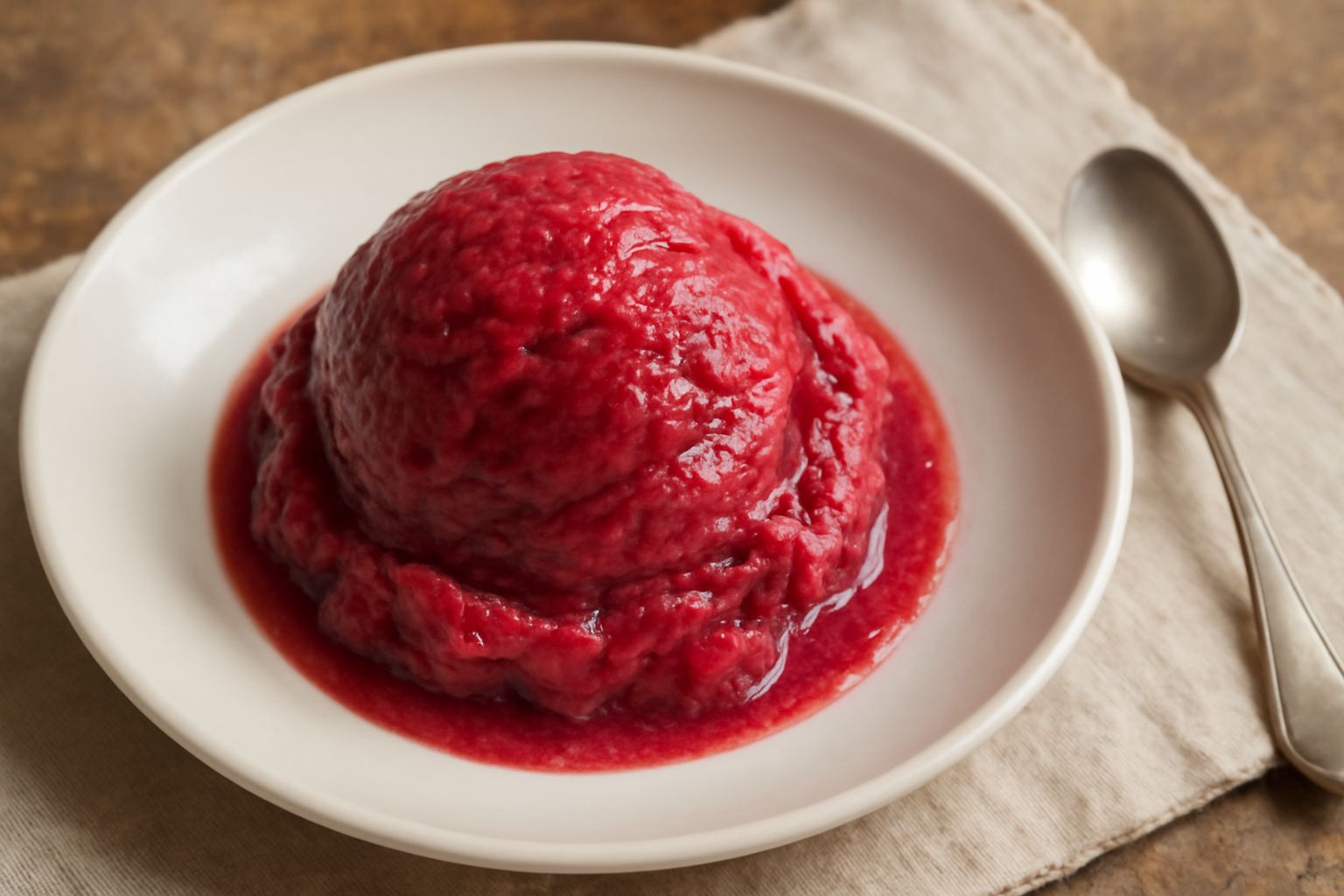 Gelato di frutta veneto in coppetta trasparente con cucchiaio: colore rosso vivace della fragola o giallo dorato dell'albicocca, superficie liscia e cremosa, polpa di frutta ben visibile, piccoli gran