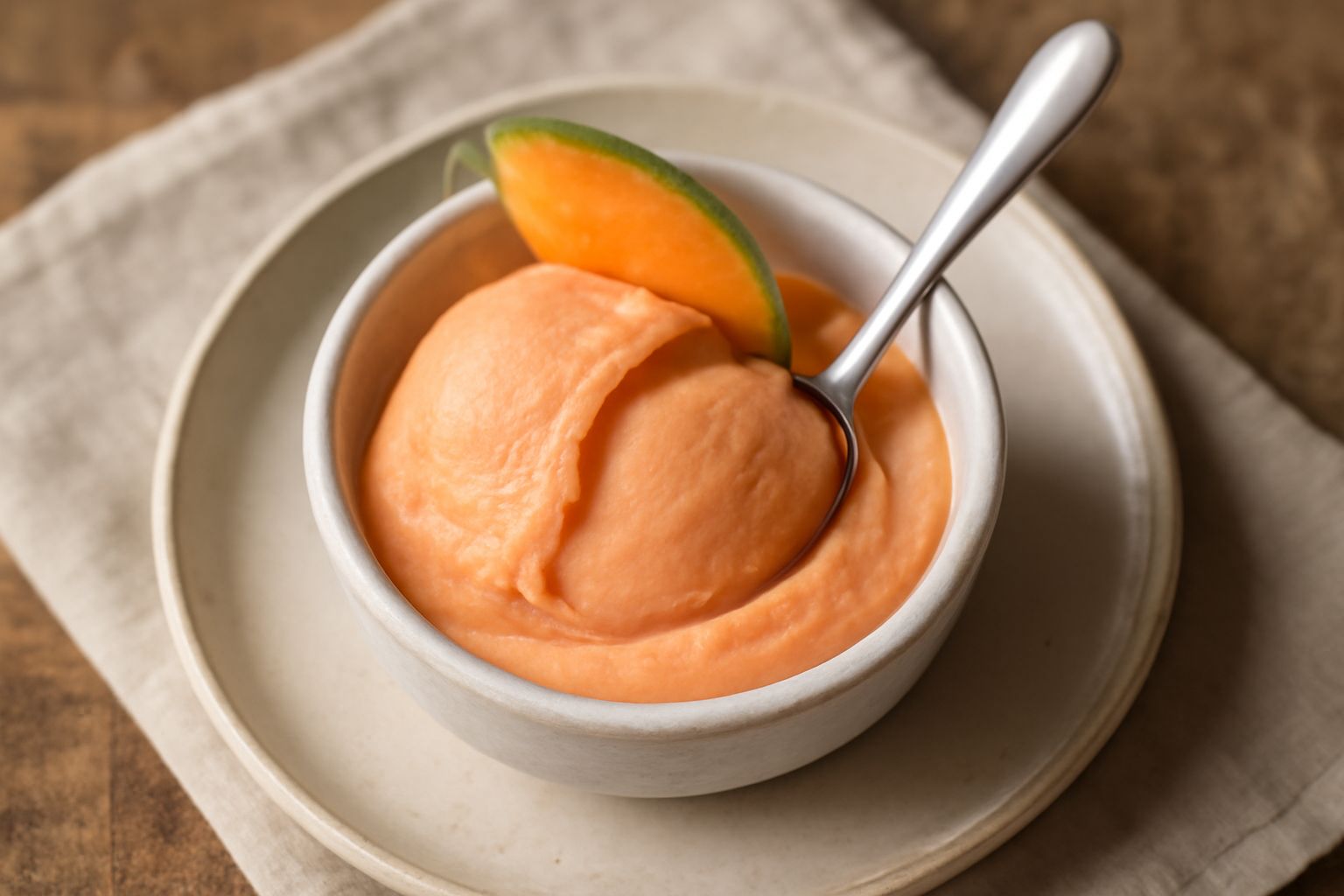 Gelato di melone color arancio-salmone servito in coppetta di vetro con una pallina tonda e compatta, guarnito con una fettina sottile di melone fresco e qualche foglia di menta verde. Sottofondo bian