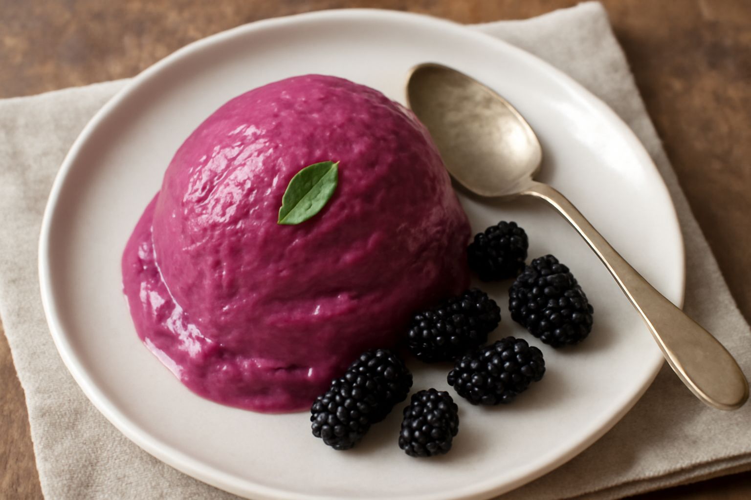 Gelato di gelso porpora scuro servito in coppa di vetro trasparente, guarnito con foglia fresca di gelso verde e tre cucchiaiate ben colme, su tavolo di legno chiaro