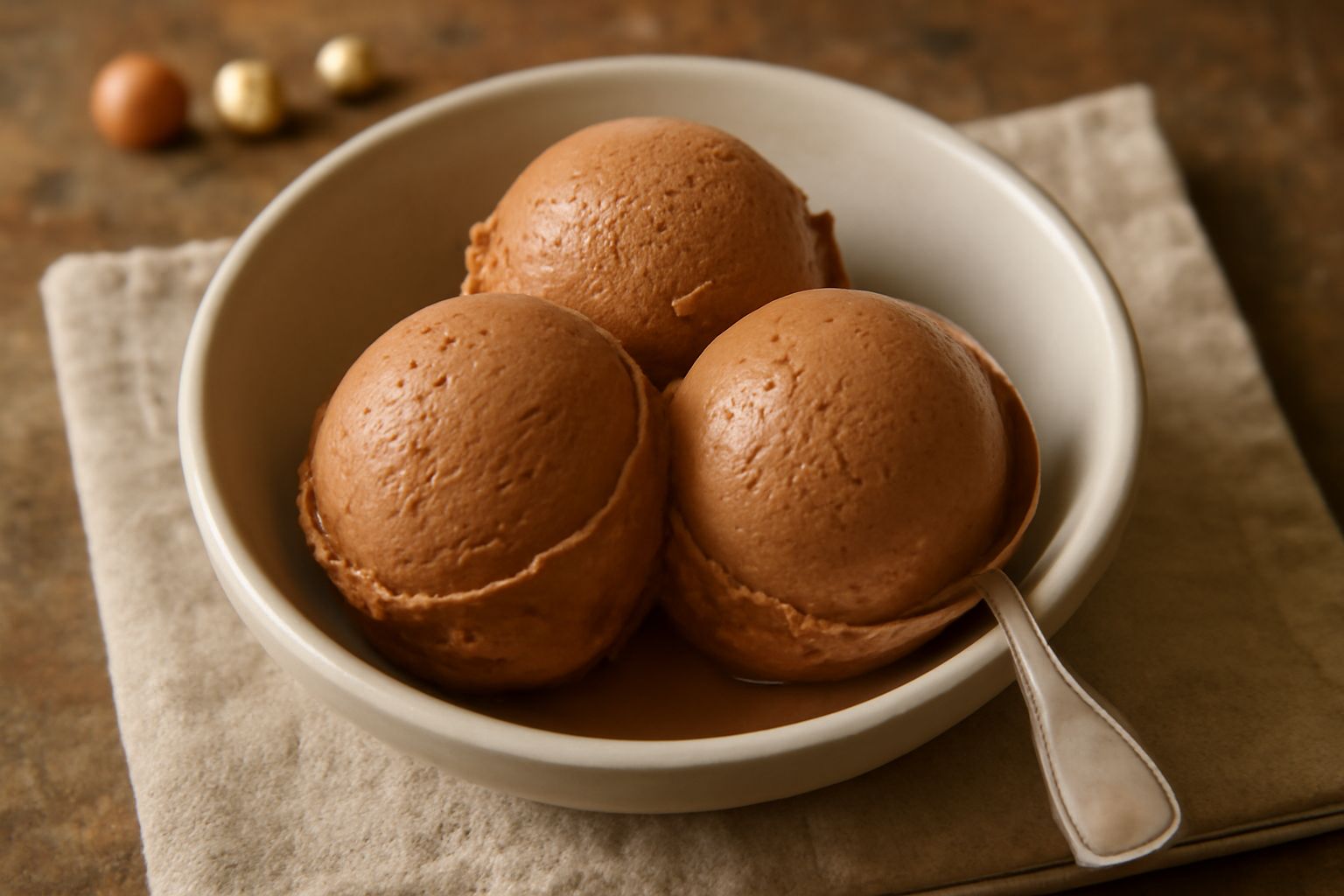 Gelato di gianduia di colore marrone chiaro servito in una coppetta di vetro, con due palline ben formate e compatte, decorate con una nocciola intera sulla sommità e un cucchiaio da gelato accanto