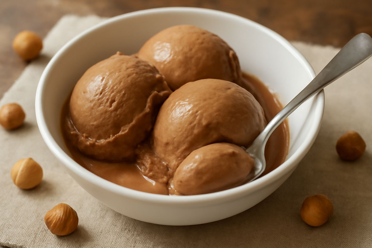 Gelato di gianduja di colore marrone caldo con striature di nocciola, servito in una coppetta bianca, con una pallina perfettamente tonda e una nocciola toasta come guarnizione sul bordo
