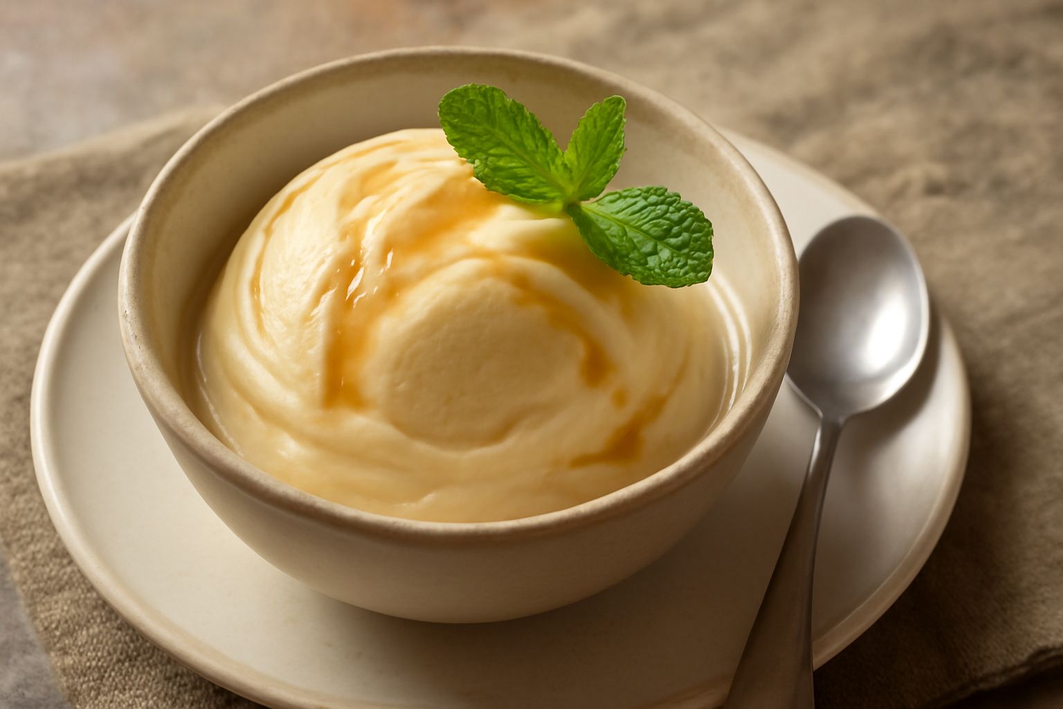 Coppetta di gelato di giuggiola di colore beige chiaro, cremoso, con superficie morbida e uniforme, guarnito con una foglia fresca di menta verde, servito su un piattino bianco