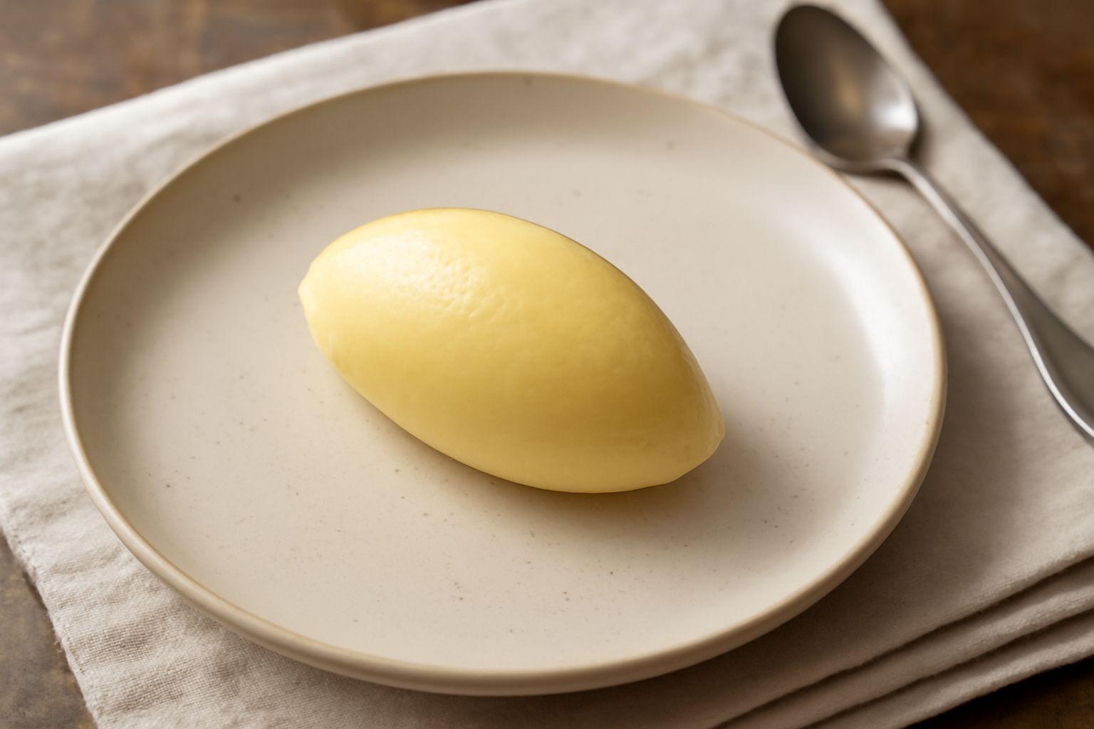 Gelato di Grana Padano in coppetta di vetro, di colore giallo paglierino chiaro, servito con una quenelle liscia. Una grattugia di Grana Padano fresco è posta accanto. Sfondo neutro bianco.