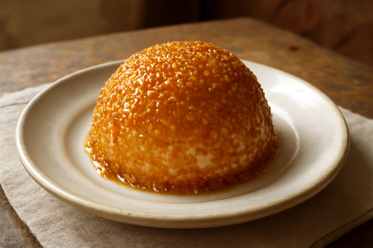 Gelato di granella con superficie dorata e brillante, granelli di zucchero caramellato che ricoprono interamente una cupola di gelato cremoso bianco, servito in una coppetta di vetro trasparente su un