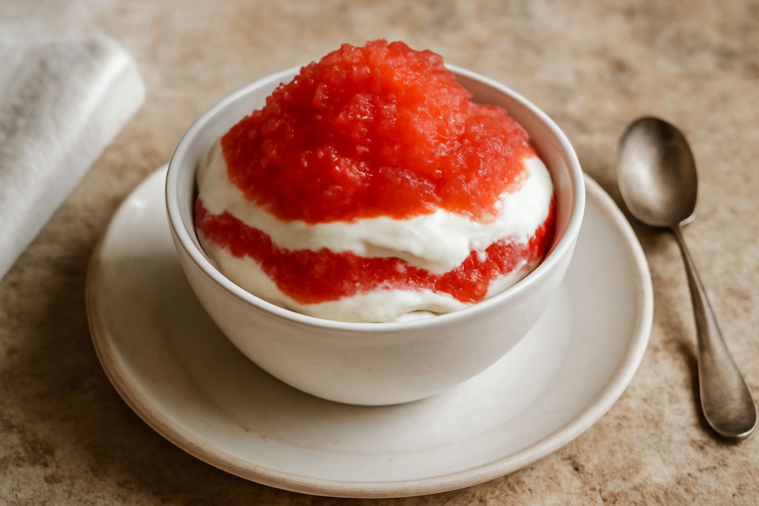 Coppetta di gelato bianco crema con sopra uno strato di granita rosa ai frutti di bosco, decorata con una foglia di menta fresca, servita con un cucchiaio di gelato in metallo argentato