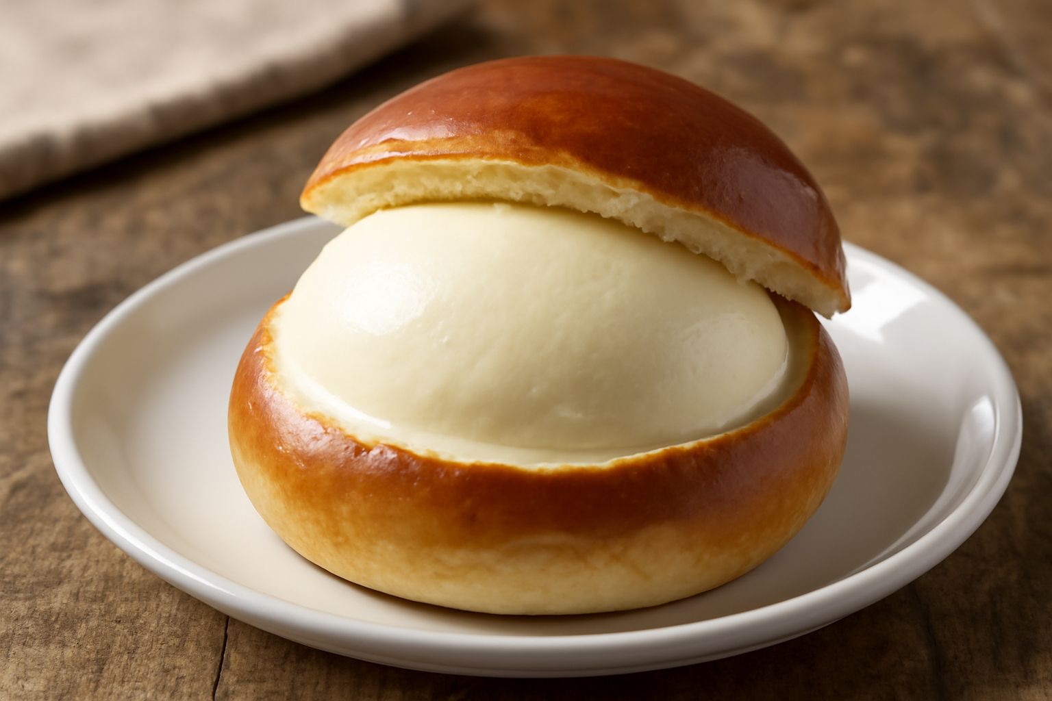 Gelato bianco crema contenuto in brioche bionda e soffice, guarnito con una ciliegina rossa in cima, servito su un piatto bianco con cucchiaio di legno