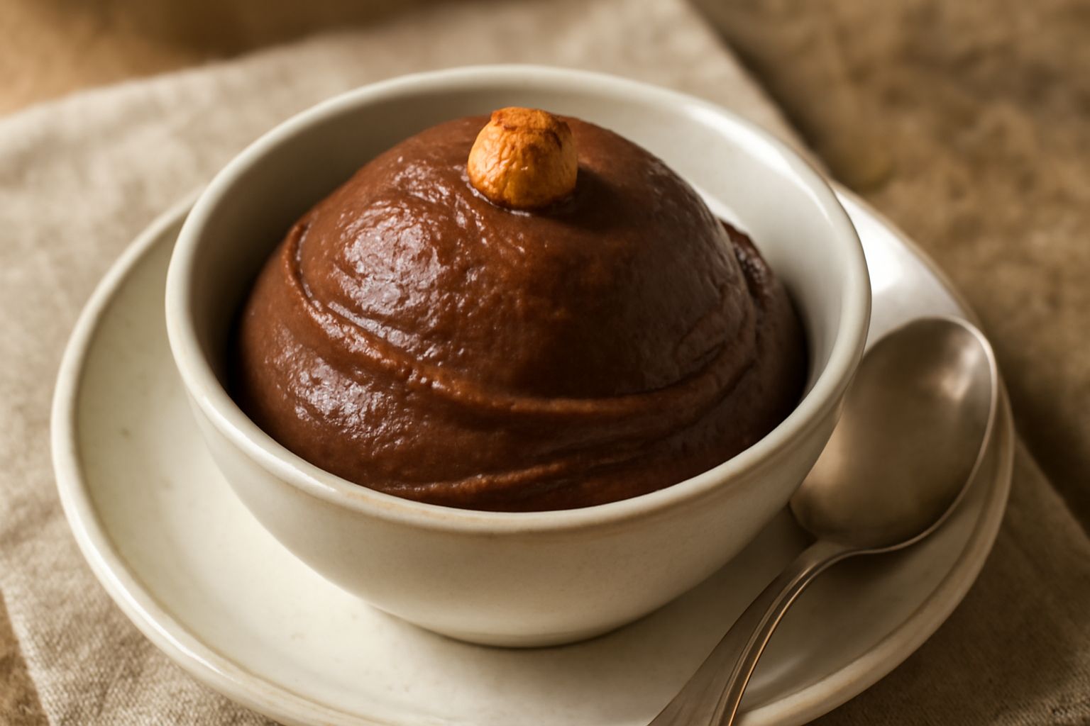 Gelato di grano saraceno servito in una coppetta di vetro trasparente, colore marrone scuro uniforme, superficie liscia e cremosa, guarnito con una nocciola intera sul lato