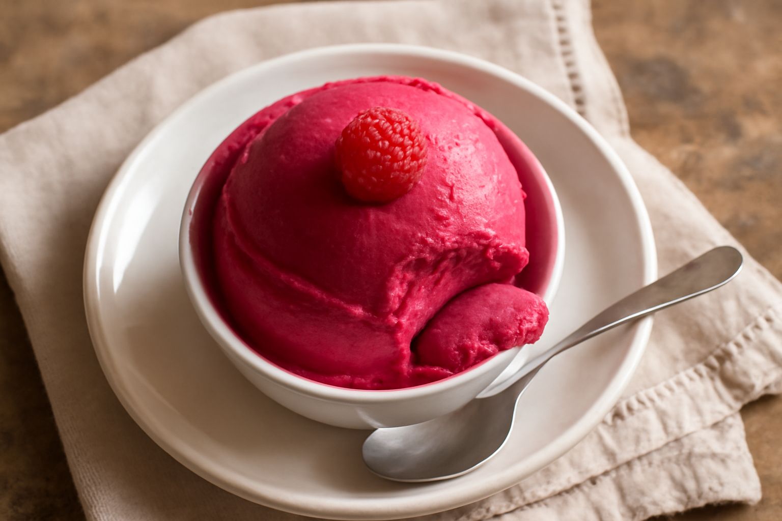 Coppetta di gelato di lampone rosa intenso, ripiena di palline lisce e cremose, guarnita con un lampone fresco rosso e qualche foglia di menta verde, su tavolo di legno chiaro con lamponi sfusi attorn